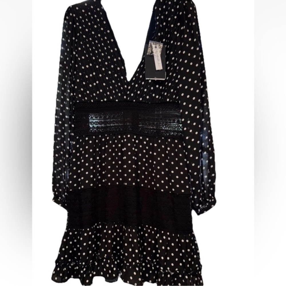 NWT Layered With Love Women Dress M Sheer Long Sleeve Black White Poka Dot